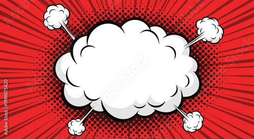 Dramatic red comic explosion with white smoke clouds and halftone patterns creates an energetic background for pop art.