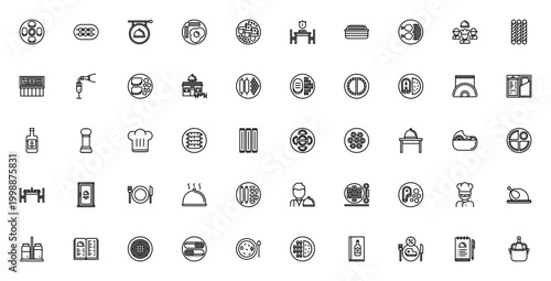 Restaurant icon set. Vector food and dining symbols collection. Includes cheesecake, steak, sushi, menu, chef, wine, buffet, reservation and more. Editable line icons.