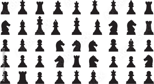 Collection of various black chess pieces arranged in rows and columns.