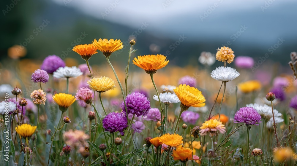 Obraz premium Vibrant Wildflower Meadow at Dusk with Colorful Blooms in Orange, Yellow, Purple, and White Under Soft Evening Light in a Scenic Landscape
