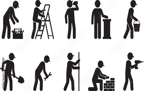 Construction Worker Silhouette Icon Set Industrial Labor Vector