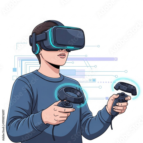 Young man experiencing immersive virtual reality with modern headset