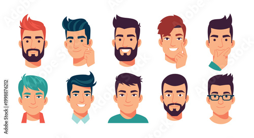 Collection of various male face illustrations with different hairstyles and facial expressions shows a range of personalities.