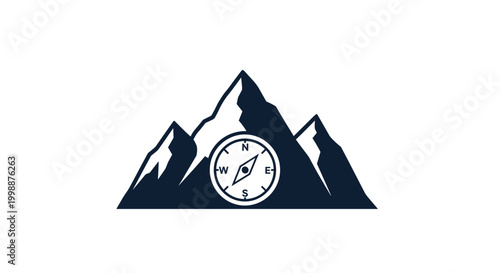Simple compass icon placed over dark mountain silhouettes represents adventure, exploration, and finding one's path in nature.