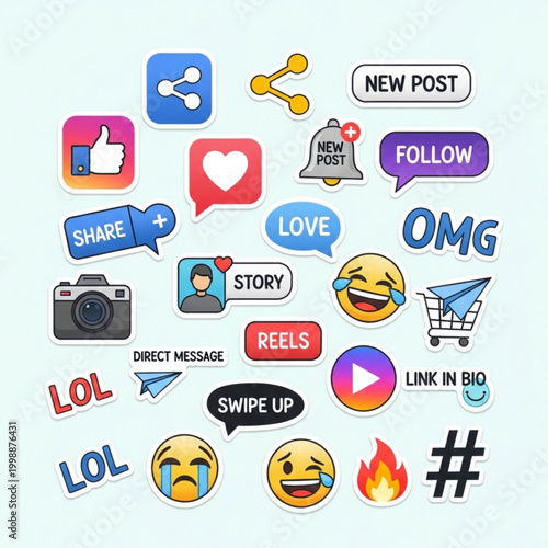 Social media marketing icons and engagement elements sticker collection