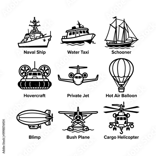 Various transportation vehicles depicted in a detailed illustration including naval ship, water taxi, schooner, hovercraft, private jet, hot air balloon, blimp, bush plane, and cargo helicopter.