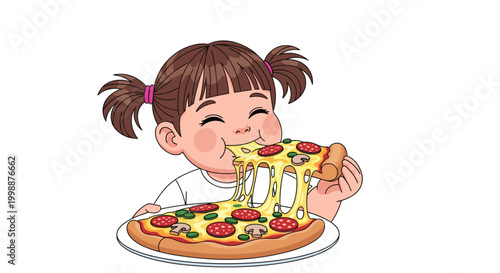 Cute little girl with pigtails taking a big bite out of a cheesy slice of pepperoni and mushroom pizza from a large tray.