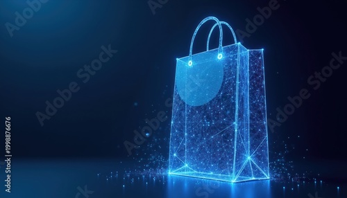 Abstract digital shopping bag made of glowing blue lines and particles on dark background. Futuristic e-commerce concept for online retail and digital commerce.