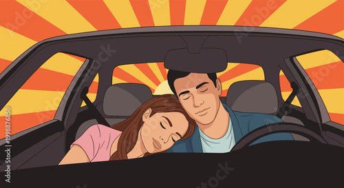 Man and woman resting inside a car against a bright orange and yellow sunset sunburst background in a romantic scene.