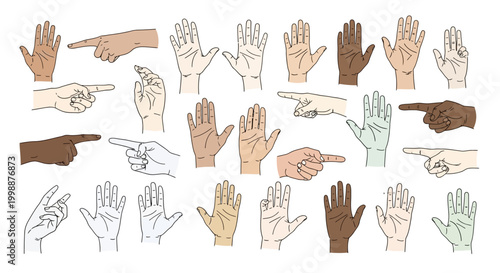 Diverse Hands Gesturing: Pointing, Open Palms, Different Skin Tones - Communication, Inclusion