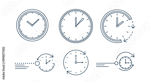 Collection of stylized clock and time management icons provides creative ways to represent scheduling and deadlines.