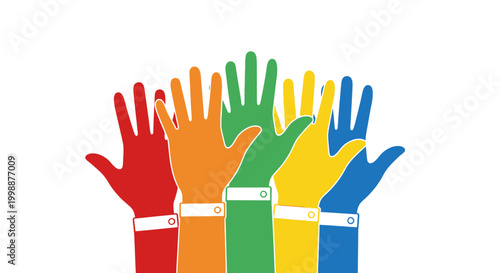 Diverse Hands Raised in Unity, Voting, Volunteering, Teamwork, Different Colors