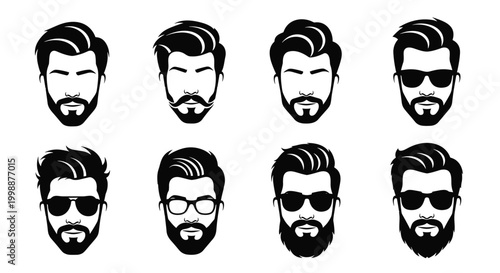 Eight black and white male face silhouettes with different hair and beard styles provide options for character portraits.