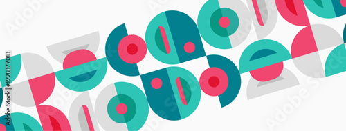 Abstract pattern features repeating circular shapes, teal, pink, gray hues. Minimalist design creates dynamic visual texture.