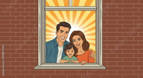 Happy young family with father mother and small child looking out from open window of brick building with bright starburst.