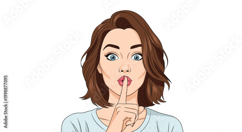 Beautiful young woman with brown hair holding finger to her lips in silence gesture with focused expression on white background.