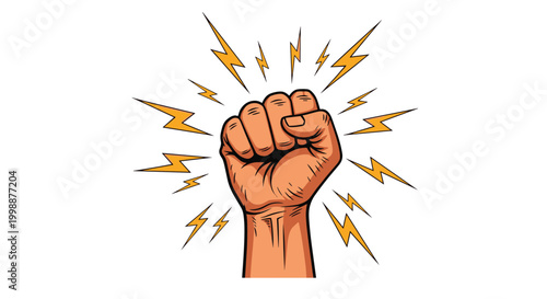 Powerful human fist raised high in the air surrounded by orange lightning bolts symbolizing strength resistance and power.