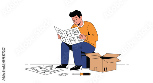 Young man sitting on floor and reading instruction manual for furniture assembly with open cardboard box and tools nearby.