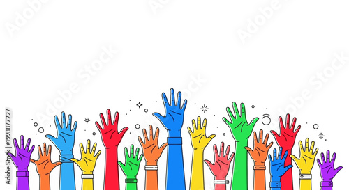 Diverse Hands Raised Up, Colorful Crowd Voting or Cheering