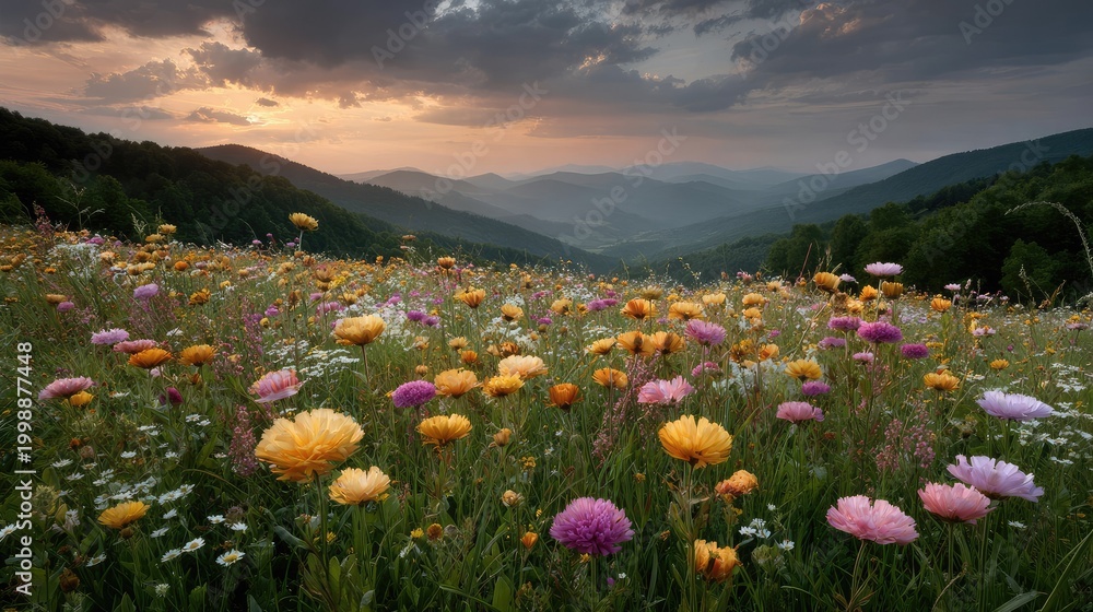 Obraz premium Vibrant Meadow with Colorful Wildflowers Under Cloudy Sky at Sunset in Serene Mountain Landscape