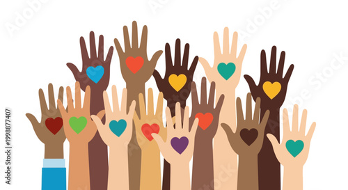 Diverse Hands Raised with Hearts, Unity and Love Concept