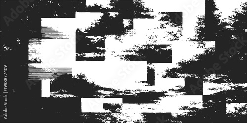An abstract black and white graphic design. The artwork shows a stylized interpretation of a landscape, with shapes representing trees, sky, and fields. The image has a textured, pixelated effect.