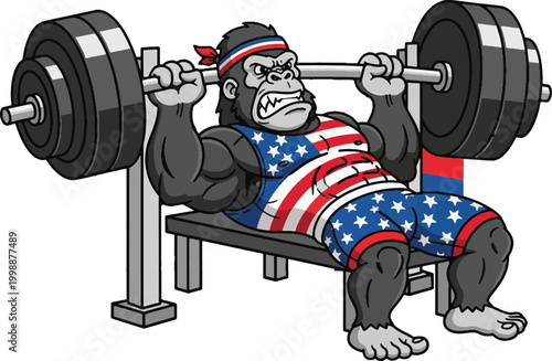 Strong Gorilla Bench Press in American Flag Outfit, Patriotic 4th of July Fitness Vector Illustration
