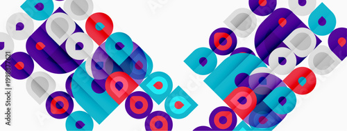 Abstract geometric pattern. Circles, squares, rectangles overlap creating vibrant visual texture. Modern design elements dominate composition.
