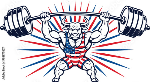Strong Lion Weightlifting in American Flag Outfit, Patriotic 4th of July Fitness Vector Illustration