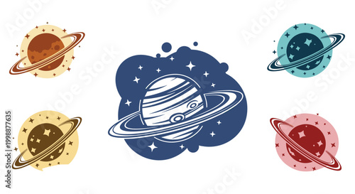 Set of stylized colorful planet illustrations with rings and stars representing outer space and astronomical exploration themes.
