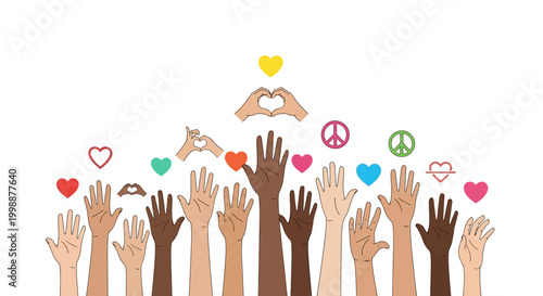 Diverse hands raised with hearts and peace symbols, unity and love concept