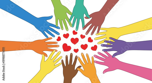Diverse Hands Unite Around Hearts, Symbolizing Unity, Love, and Community
