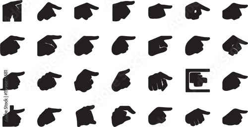 Collection of various hand gestures pointing in different directions isolated on white background.