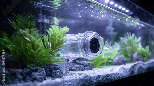Submerged Underwater Action Camera Inside A Freshwater Aquarium.
