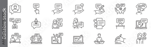 Communication, feedback, testimonial and digital messaging icon set – editable outline symbols of online chat, support, comment, customer review and collaboration
