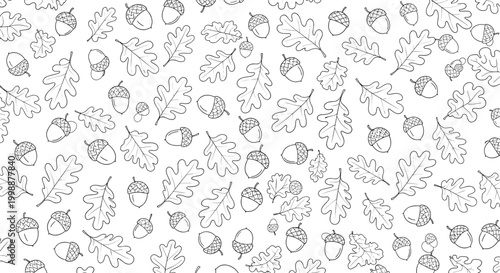 Detailed pattern of hand drawn oak leaves and acorns in black line art for autumn and forest themed background designs.