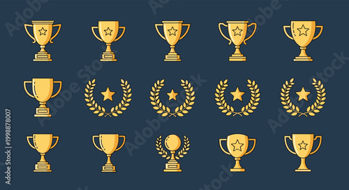 Set of golden trophy and achievement award icons including cups wreaths and stars on a dark navy blue background.