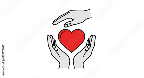 Hands holding and protecting red heart illustration, symbol of care, love, and donation