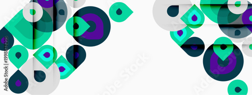 Abstract geometric shapes, circles, triangles, green, purple hues. Minimalist design, clean background, modern aesthetic.