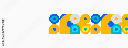 Colorful circles, squares form pattern. Yellow, blue, turquoise dominate design. Simple geometric shapes create playful visual.