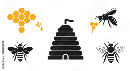 Set of honeybee themed icons featuring a beehive silhouettes of bees and a golden honeycomb with a honey drop.