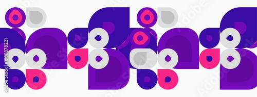 Geometric pattern features repeating purple, gray, pink circles. Minimalist design creates modern aesthetic. Simple shapes offer visual rhythm.