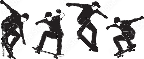 Skateboard, skateboarder, black silhouette, action, sports, vector graphics, athletic poses