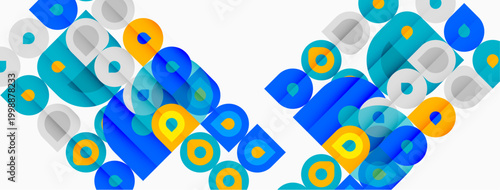 Abstract geometric shapes, blue, turquoise, yellow. Overlapping circles create dynamic pattern, modern design. Clean background enhances visual impact.