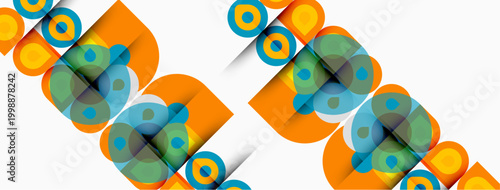 Abstract geometric pattern. Overlapping squares, circles create vibrant, modern design. Orange, teal, green dominate composition.