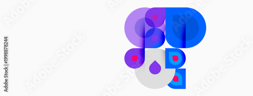 Abstract shapes overlap, creating colorful design. Blue, pink, purple hues dominate white background. Modern, playful aesthetic.