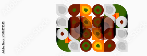 Retro pattern features overlapping circles. Colors include brown, green, orange, beige. Design evokes vintage aesthetic.