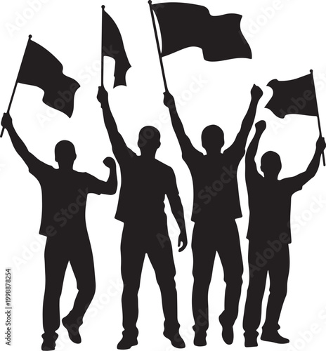 Black silhouettes, people holding flags, protest icons, demonstration symbols, vector graphics