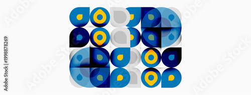 Abstract pattern features circles, squares, varying blue hues. Minimalist design evokes retro aesthetic, clean composition.