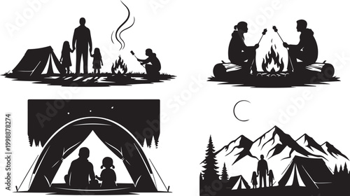 Camping, outdoor adventure, silhouette icons, black, vector graphics, 4 elements